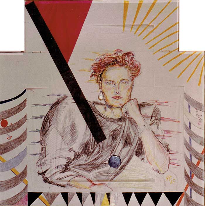 Claudia Leudesdorff-Baginski, 1985, 100x100, Farbstifte, Papier-Leder-Collage, Plexiglasrahmen
