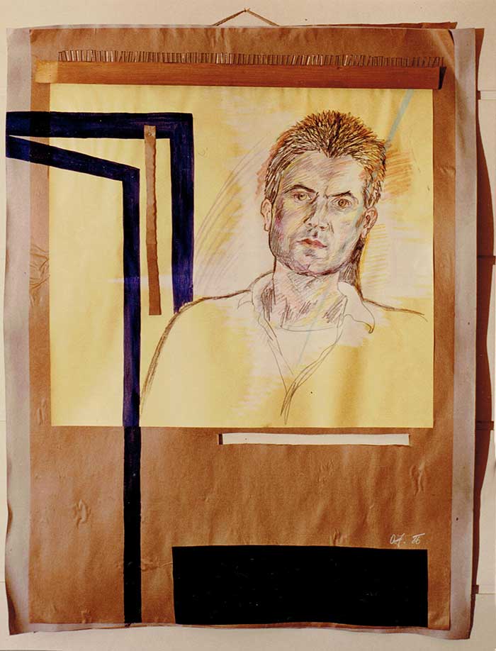 Reinhold Krieger, 1986, 110x80, Farbstift, weiß laviert, Papier-Karton-Holz-Collage